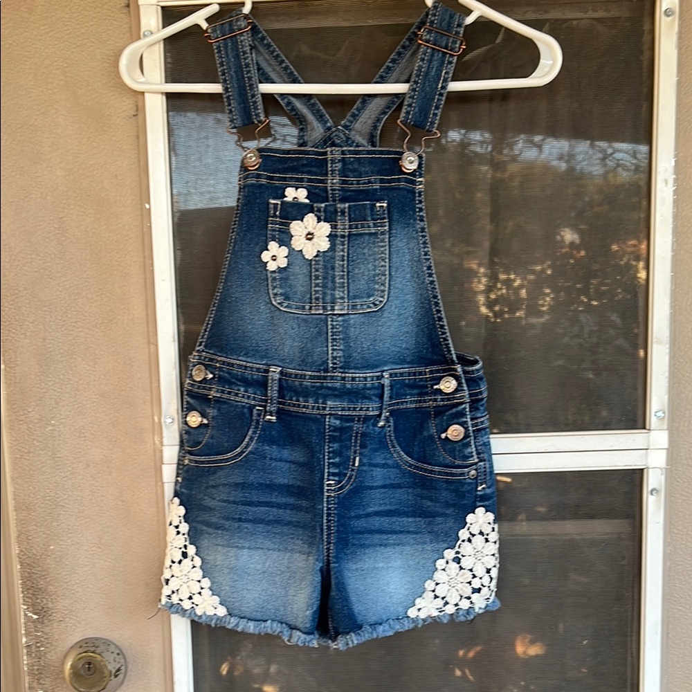 Jordache Blue and White Overalls with Lace Detailing